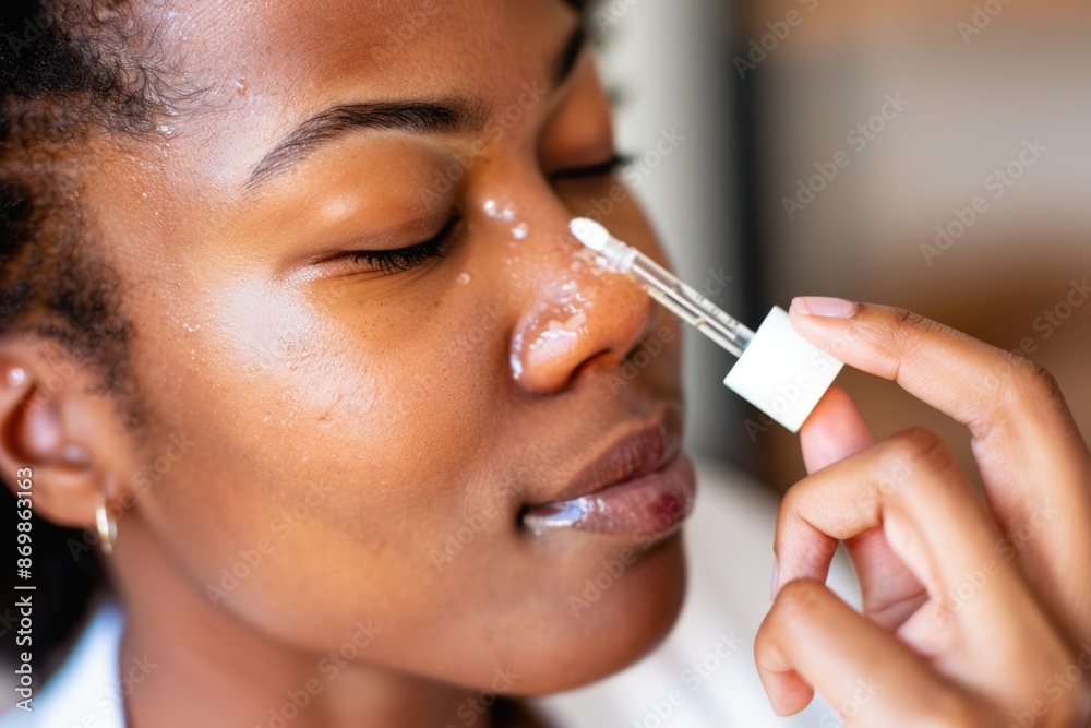 Obraz premium A woman applies a serum to her face, focusing on her nose. The close-up shot emphasizes the texture of the serum and the natural glow of her skin