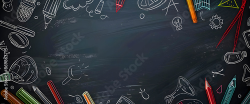 Colorful chalkboard background decorated with various school supplies, pencils, rulers, erasers. Educational design for back to school projects, educational materials, classroom decorations