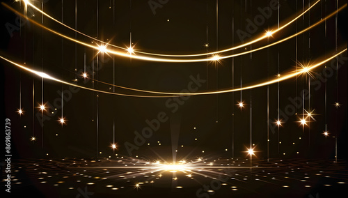 stunning background featuring golden sparkling lights and elegant stage effects. Glamorous and festive design for event promotions, celebrations, awards ceremonies, and festive occasions