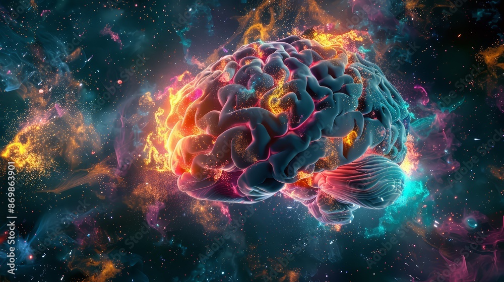 A concept piece showing a brain with explosive bursts of color and light A concept piece showing a brain with explosive bursts of color and light
