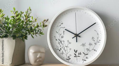 A round wall clock with botanical designs is displayed next to a potted plant and a minimalist, abstract beige face sculpture, creating a serene and stylish setting.