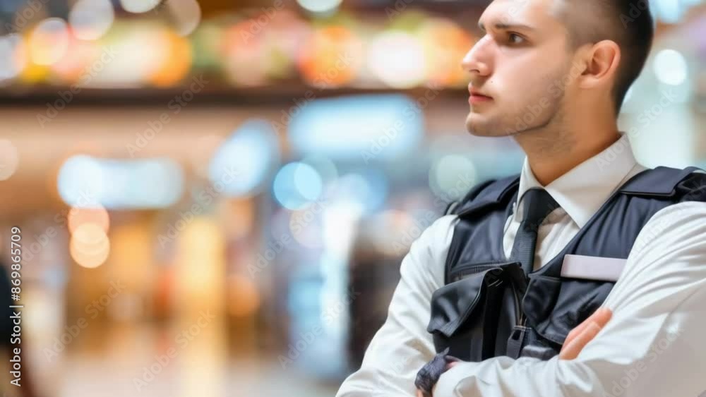 Security guard professional safety patrol man police employee mall safe business protect serve confident authority public space secure guarding agent staff shop convenience grocery store