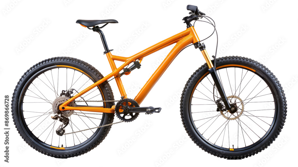 Orange mountain bike with rugged design isolated on transparent background Orange mountain bike with rugged design isolated on transparent background