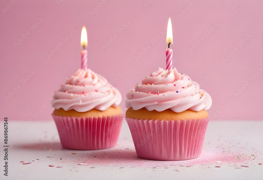 A pink birthday cupcake with a lit candle on a pink and white background with sparkles A pink birthday cupcake with a lit candle on a pink and white background with sparkles