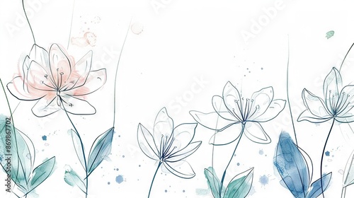   A painting of multiple flowers on a white canvas with blue and pink watercolor