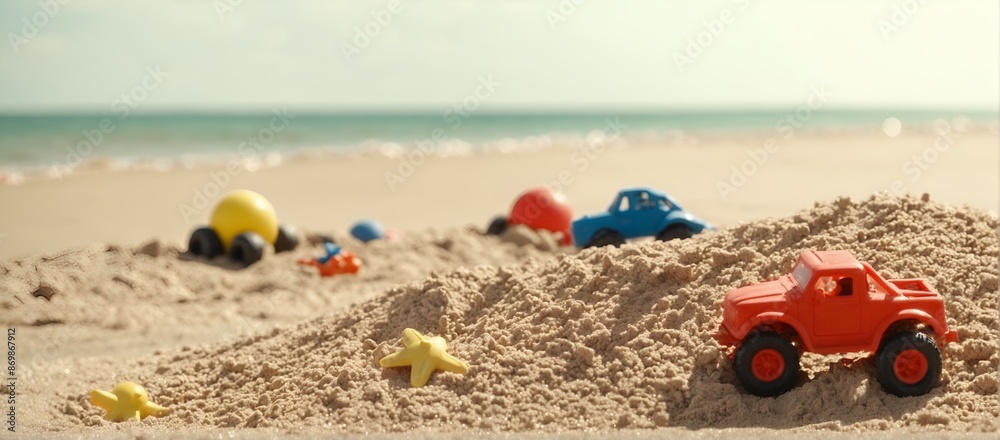 Heap sand with plastic toys at the beach, Summer seaside vacation concept Heap sand with plastic toys at the beach, Summer seaside vacation concept