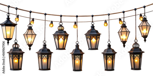 Hanging lantern string lights isolated on transparent background photo