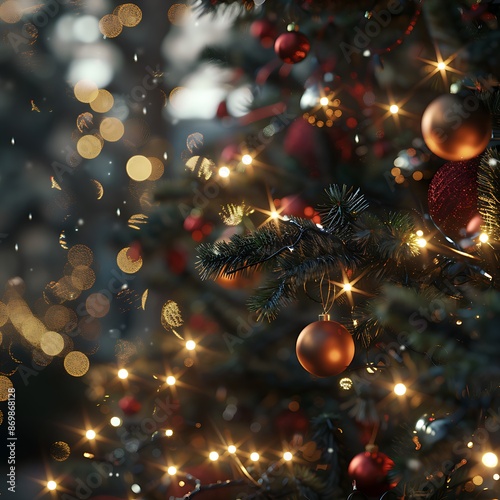  Ein festlicher Weihnachtshintergrund Tannenzweigen und Kugeln photo