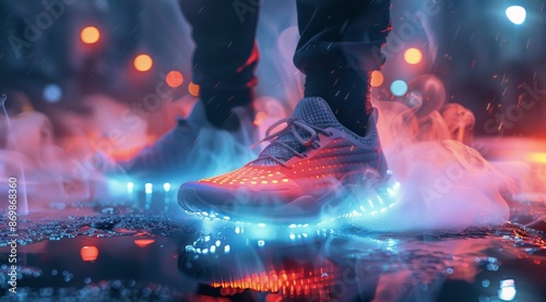 Futuristic Running Shoes Glowing in Smoke and Lights