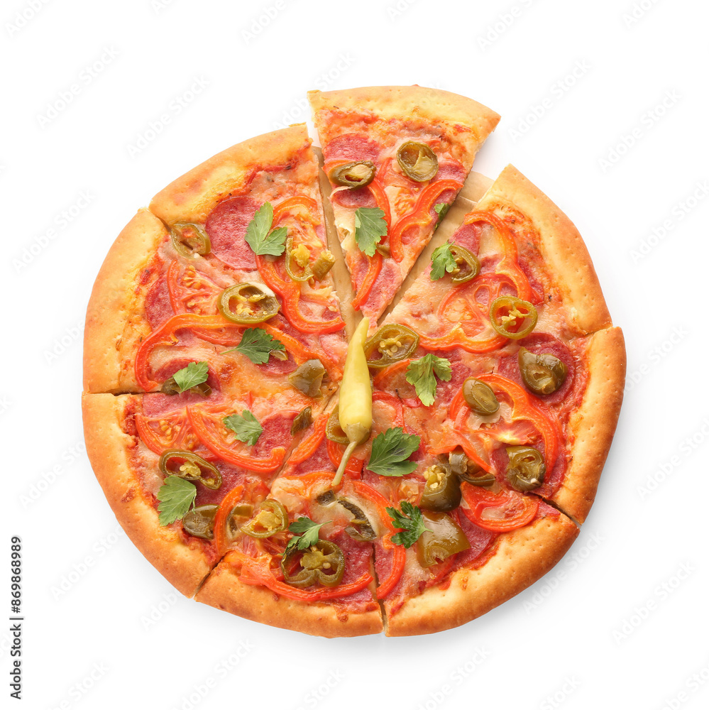 Delicious hot pizza Diablo isolated on white, top view Delicious hot pizza Diablo isolated on white, top view