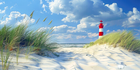 Crédence de cuisine Plage et Mer Phare rouge et blanc derrière les dunes d'herbes  © Katerina Bond