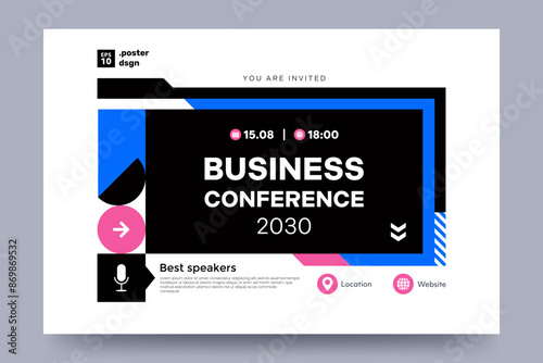 Business conference invitation design. Creative abstract geometric background with retro futuristic elements and place for text. Ideal for banner, poster, web design. Vector illustration.