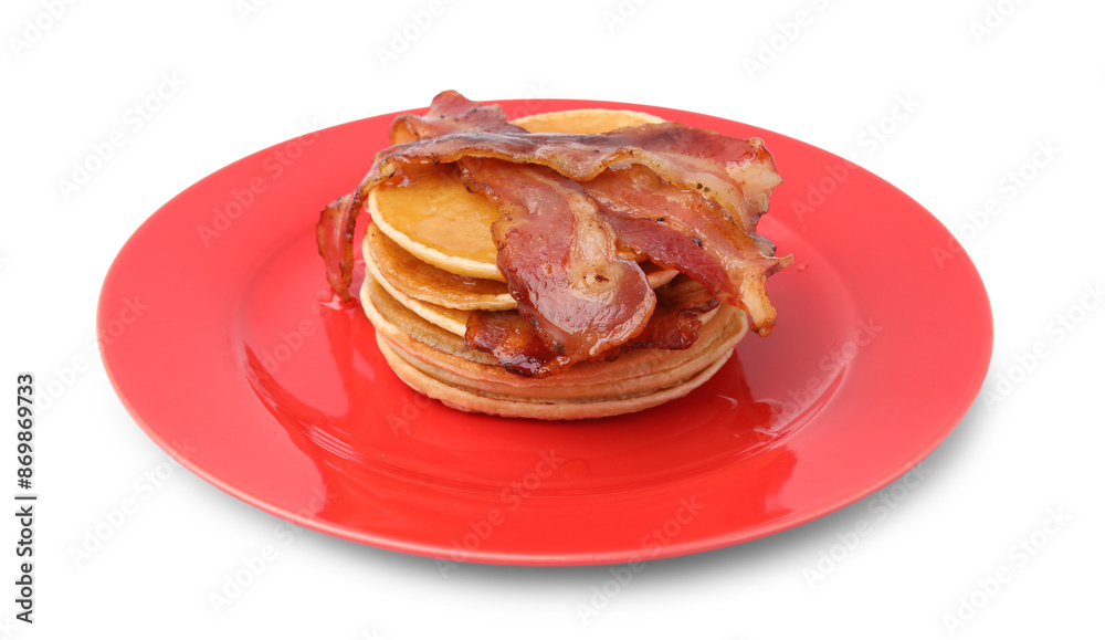 Delicious pancakes with bacon isolated on white Delicious pancakes with bacon isolated on white