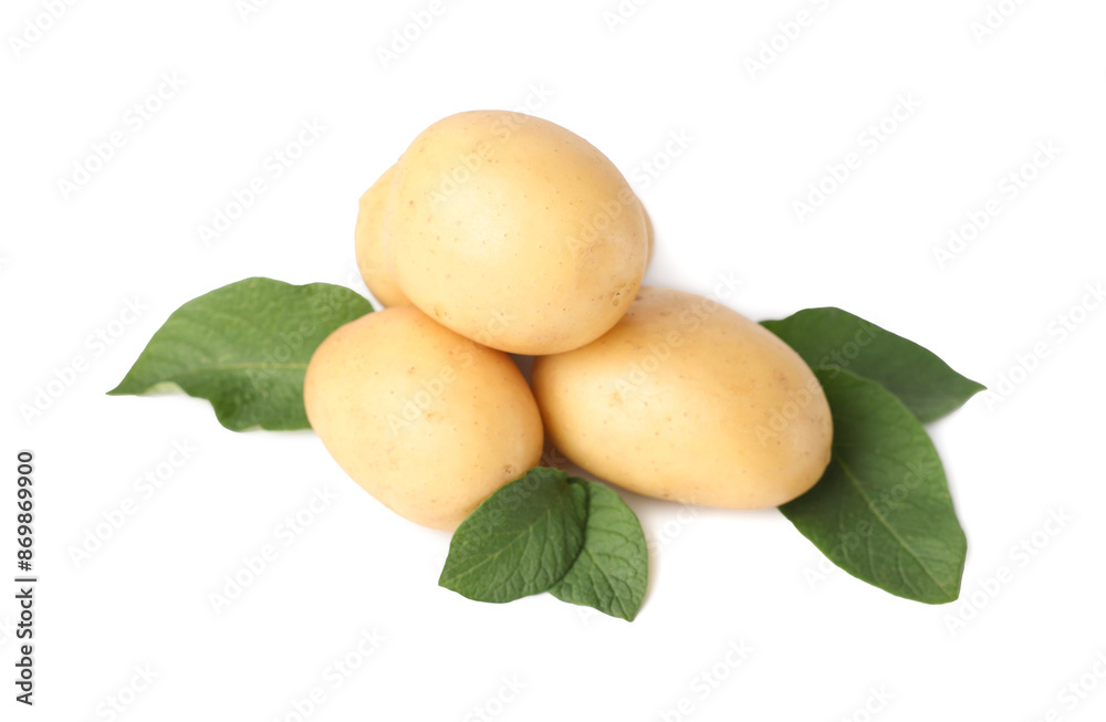 Fresh raw potatoes and green leaves isolated on white Fresh raw potatoes and green leaves isolated on white