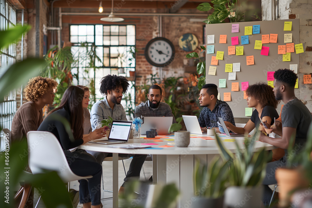 Obraz premium Office collaboration at bright open-plan coworking space - team of colleagues brainstorming with laptops, tablets, smartphones, sticky notes on the walls, casual professional atmosphere.