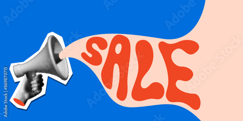 Sale banner. Modern collage with bullhorn and groovy style word Sale. Trendy newspaper elements. Advertising banner with halftone loudspeaker