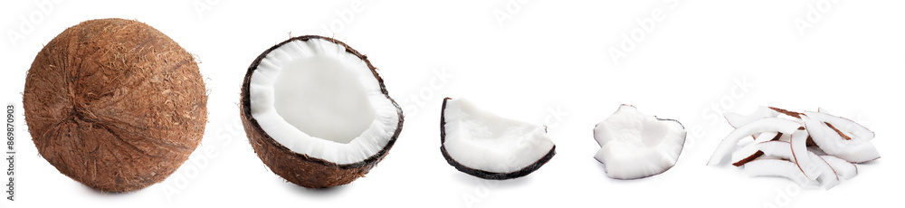 Coconut isolated on white. Whole, half and pieces Coconut isolated on white. Whole, half and pieces