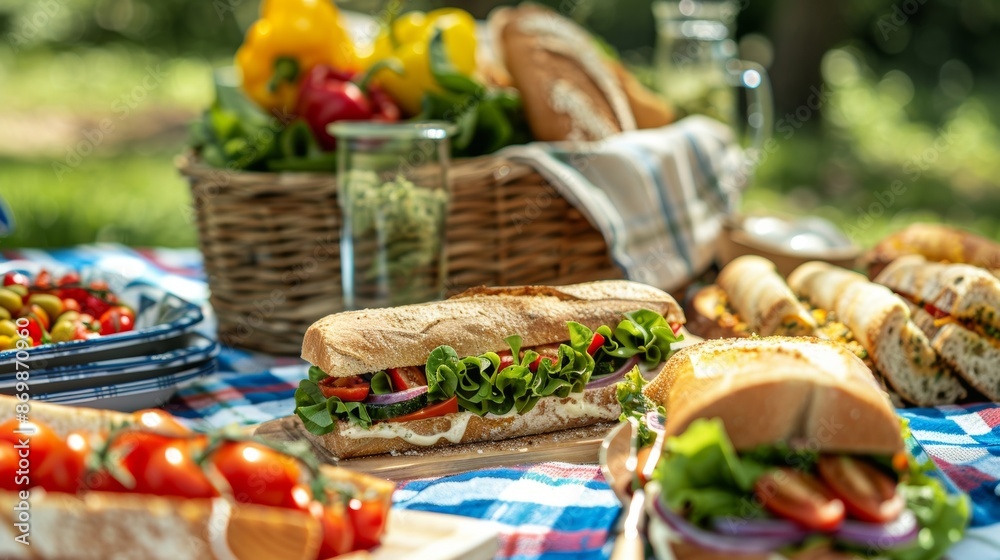 A picnic spread on a checkered blanket featuring homemade sandwiches with wild herb pesto spread. A picnic spread on a checkered blanket featuring homemade sandwiches with wild herb pesto spread.