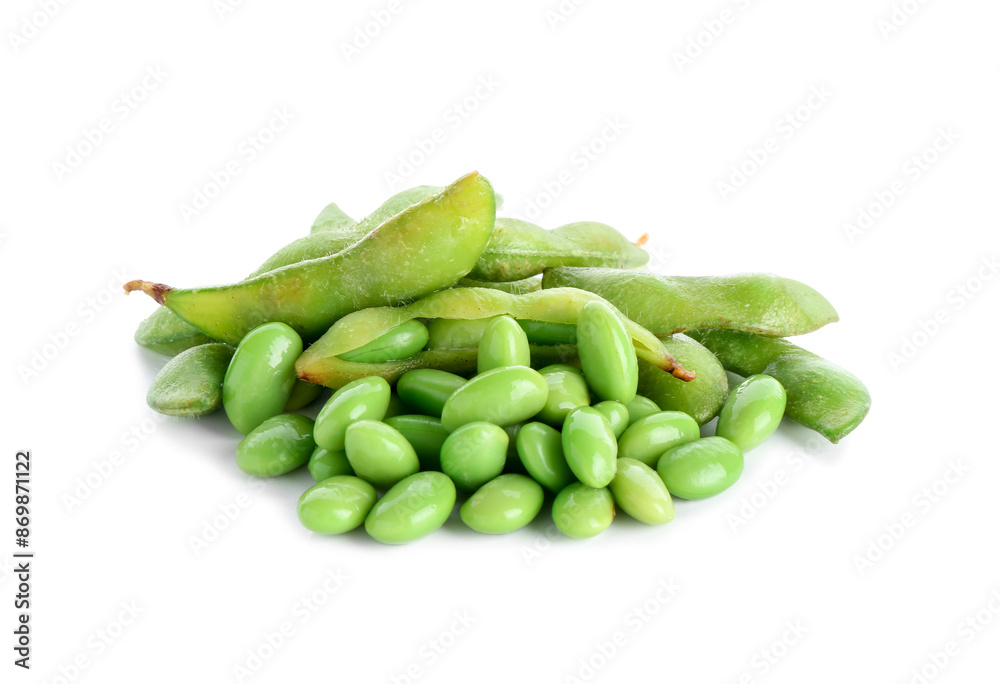 Raw green edamame soybeans and pods isolated on white Raw green edamame soybeans and pods isolated on white