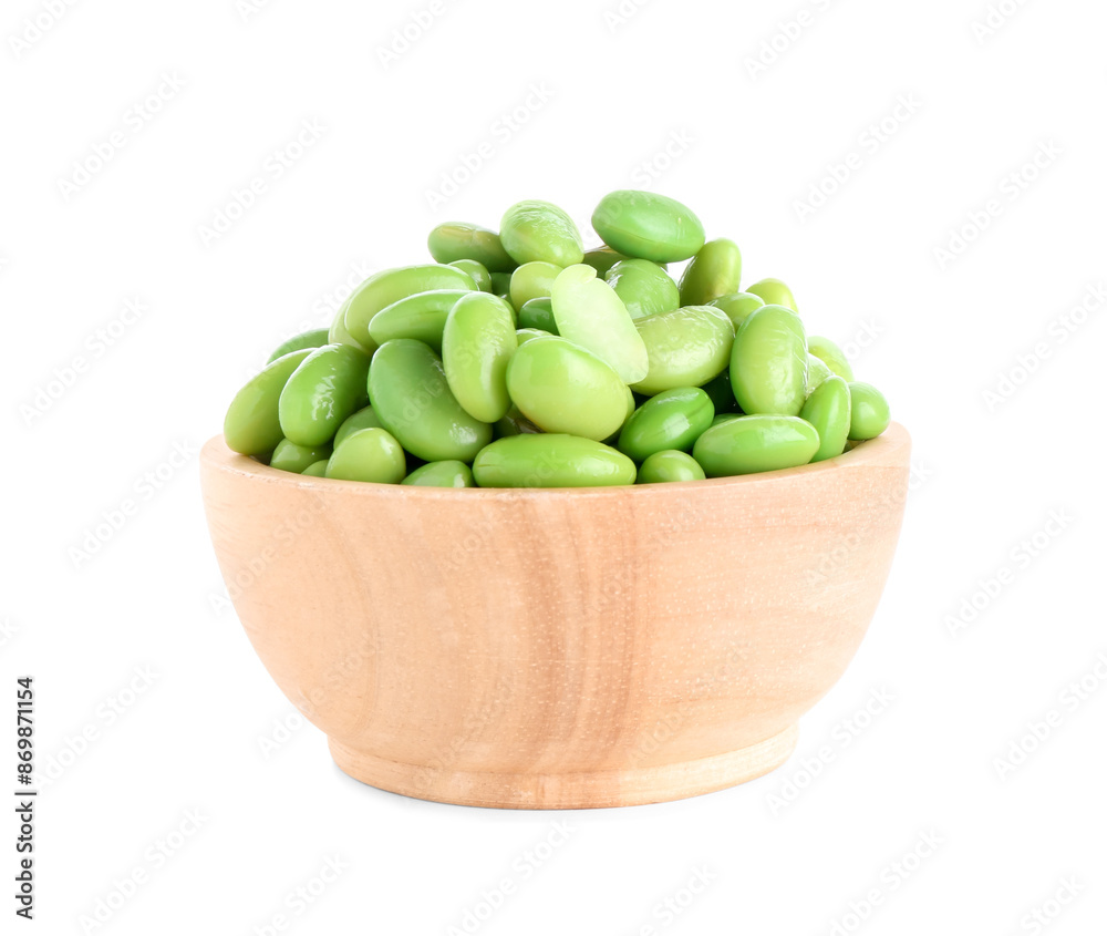 Raw green edamame soybeans in bowl isolated on white Raw green edamame soybeans in bowl isolated on white