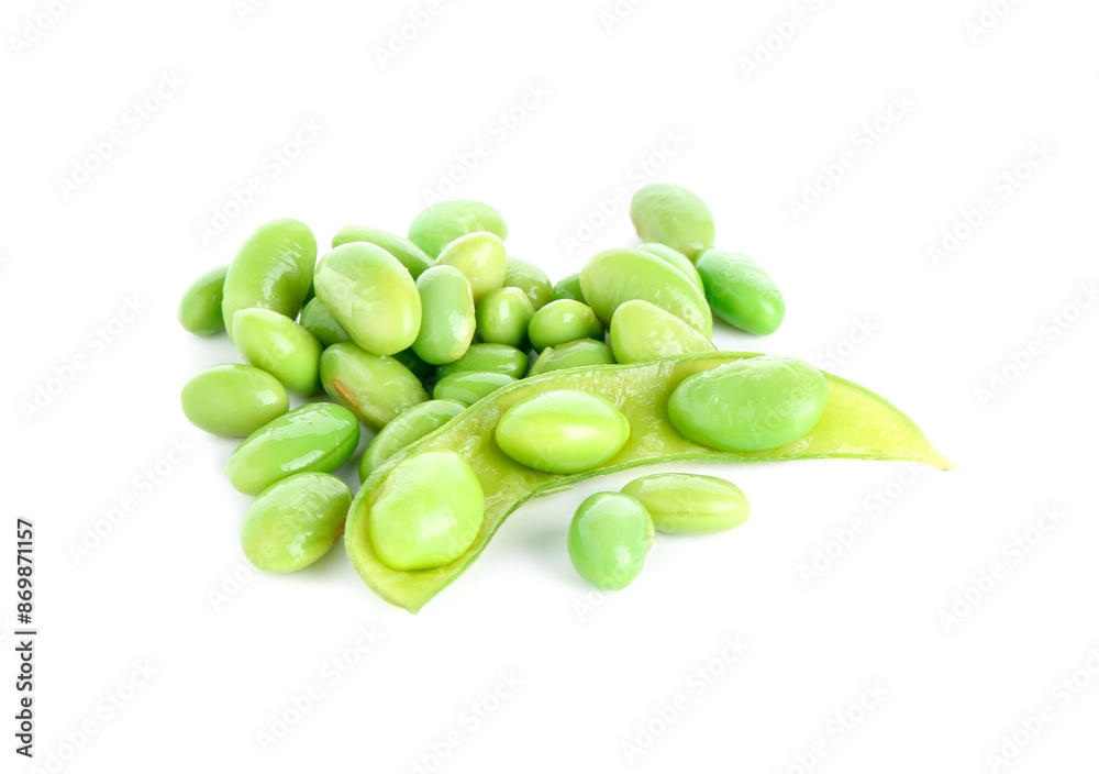 Raw green edamame pod with soybeans isolated on white Raw green edamame pod with soybeans isolated on white