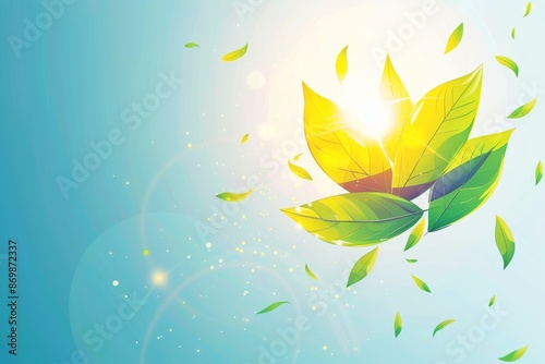 Abstract illustration of a vibrant green leaf with glowing light particles symbolizing eco friendly energy and the beauty of nature’s renewable potential set against a bright background
