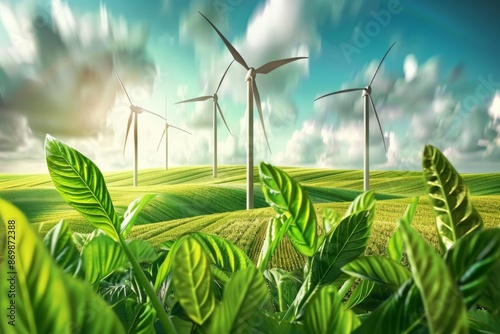 Wind turbines and lush green plants in harmony symbolizing the blend of renewable energy and nature set against a clear sky highlighting sustainable development and environmental synergy