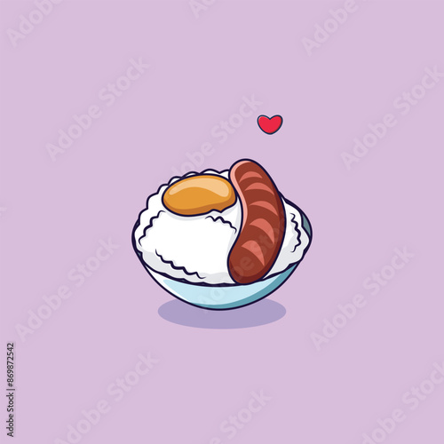 Illustration vector of Tamago kake gohan. Tamago kake gohan is a simple Japanese dish made of raw Egg Over Rice close up in the bowl.