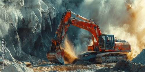 Heavy construction excavator digging in a dusty quarry site with rock formations. Industrial mining and earthmoving concept. Action shot. Banner with copy space