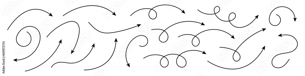 Collection of curved arrows. Set simple curved hand drawn arrows. Collection of pointers.