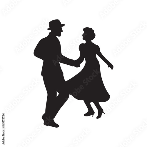Beautiful retro vintage couple dancing salsa on festival in black isolated on white background. Hand drawn vector silhouette illustration. Dancing classes, retro theater performance show