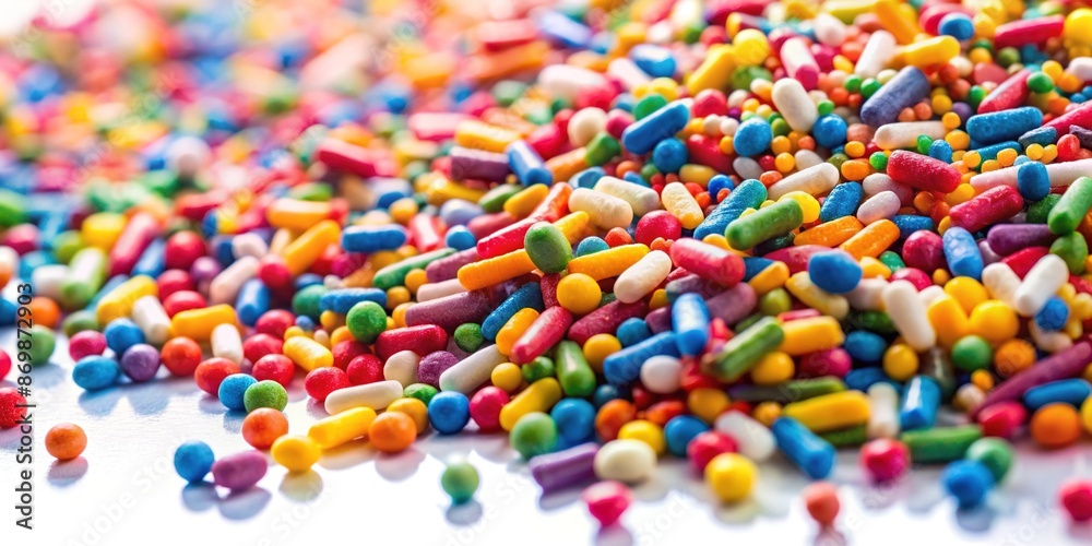 Vibrant sprinkles in a variety of colors scattered artfully over a clean white background, creating a playful and festive atmosphere for celebrations and parties. Vibrant sprinkles in a variety of colors scattered artfully over a clean white background, creating a playful and festive atmosphere for celebrations and parties.