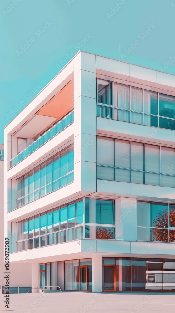 Modern glass building against a blue sky with clean architectural lines Modern glass building against a blue sky with clean architectural lines