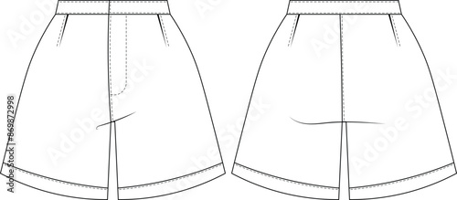 darted wide leg a line short denim jean template technical drawing flat sketch cad mockup fashion woman design style model
