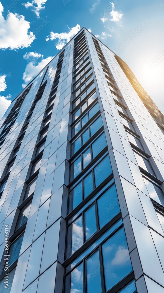 Fototapeta premium Tall modern skyscraper with reflective windows under bright blue sky.