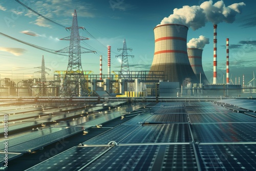 Industrial power plant with solar panels capturing sunlight highlighting the fusion of traditional energy infrastructure with modern renewable technology under a bright sky