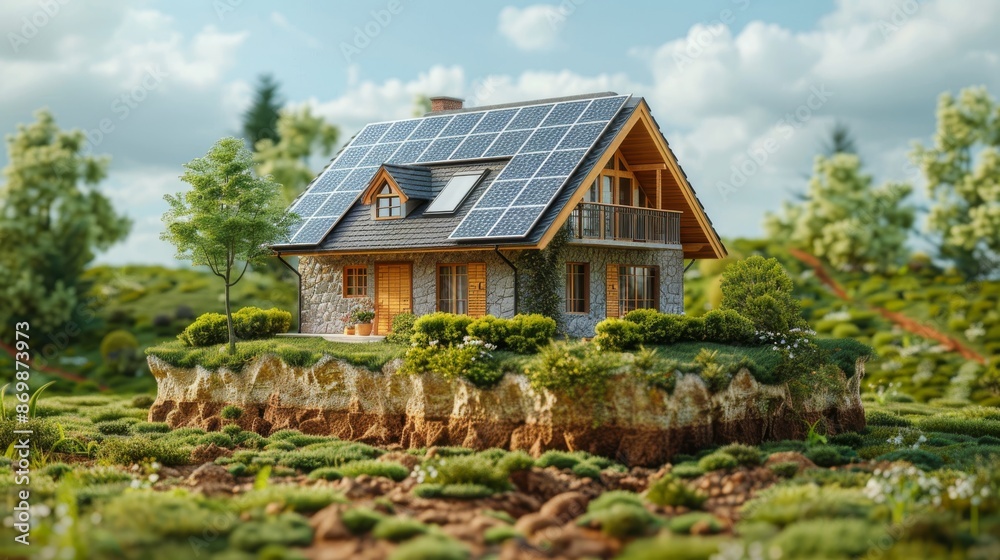 Eco-friendly House with Solar Panels. Beautiful eco-friendly house with solar panels on the roof, surrounded by lush greenery and a clear blue sky. Eco-friendly House with Solar Panels. Beautiful eco-friendly house with solar panels on the roof, surrounded by lush greenery and a clear blue sky.