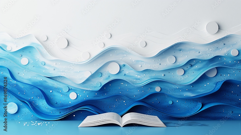 Open book with blue and white abstract waves, concept of tranquility and wisdom, book lovers day Open book with blue and white abstract waves, concept of tranquility and wisdom, book lovers day