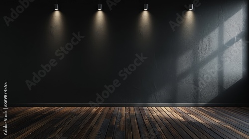 Wallpaper Mural The stage design features a wooden floor, modern spotlights, and dark backdrop, creating a minimalist look ideal for art exhibitions or conferences, emphasizing sleekness and versatility Torontodigital.ca