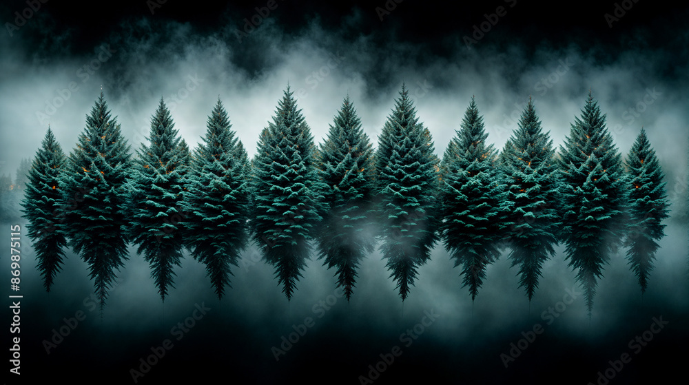 Obraz premium Ethereal Forest Scene with Misty Fog and Perfect Symmetrical Reflection of Pine Trees, Creating a Surreal Atmospheric Landscape