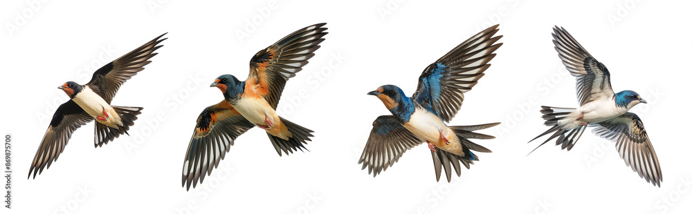 Fototapeta premium Set four cutout images swallow in flight on transparent background flying swallow design elements, wings blue feathers