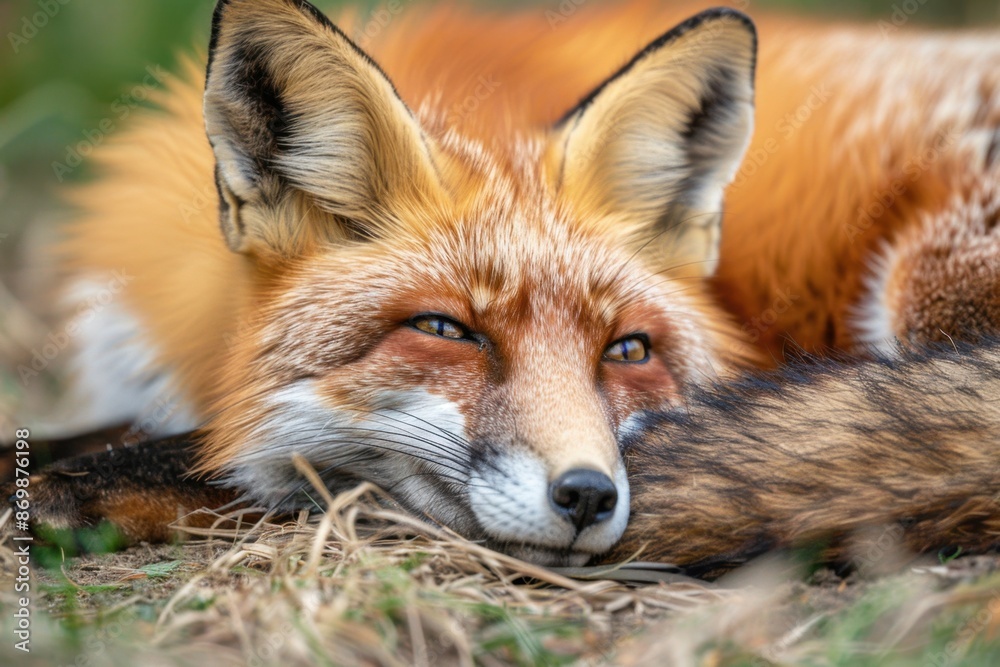 Red Fox, close-up portrait of the whole body laying on its belly in an outdoor environment Generative AI Red Fox, close-up portrait of the whole body laying on its belly in an outdoor environment Generative AI