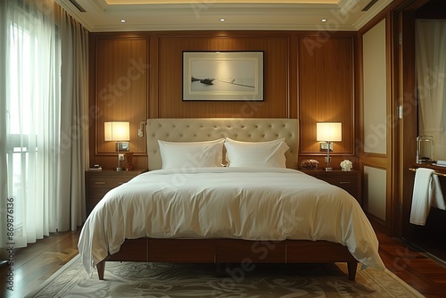 Wallpaper Mural A large bed with a white comforter and pillows is in a room with a wooden wall Torontodigital.ca