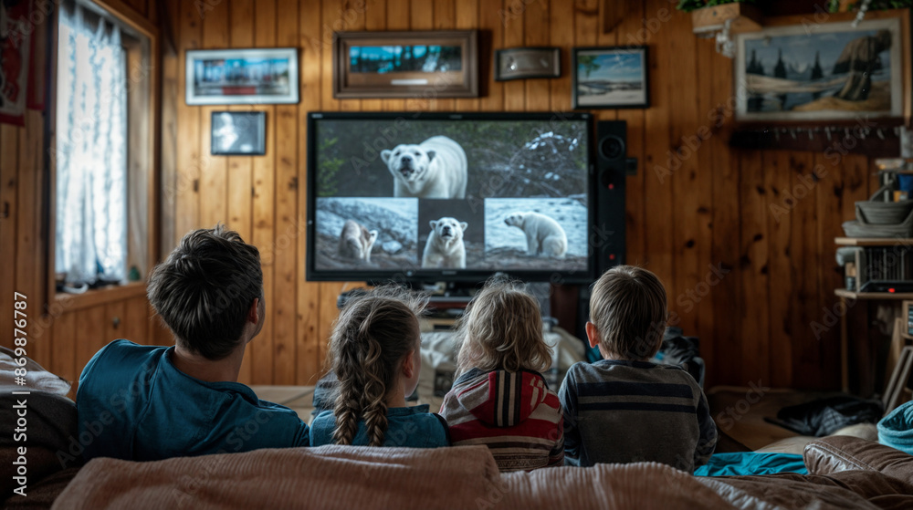 Obraz premium Large Caucasian Family with Children Watching a Polar Bear Documentary at Home, Surrounded by Winter Themed Decorations