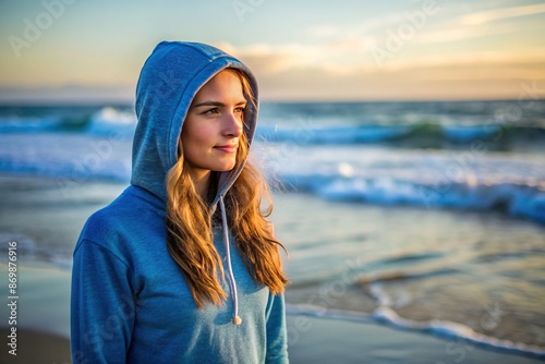 Young woman in blue hoodie on blurred background of ocean surf. High quality photo © Adisorn