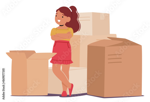 Young Girl Standing Next To Several Cardboard Boxes. Vector Image Conveys A Sense Of Accomplishment, Relocation