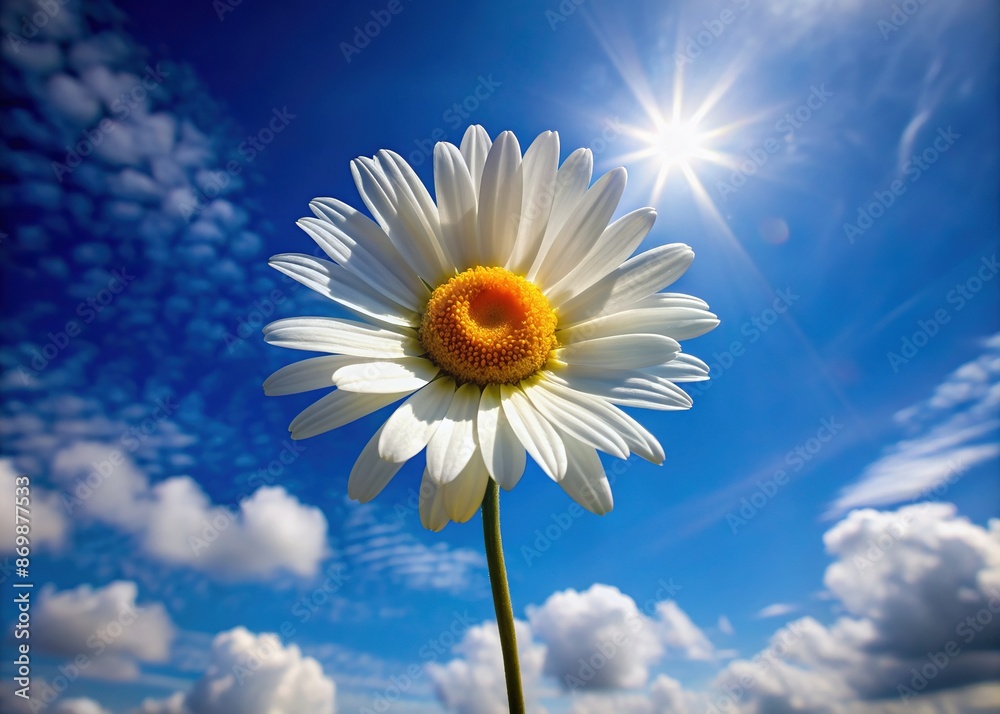 Isolated single white daisy with yellow center and delicate petals stands alone against a brilliant blue sky with a few wispy clouds on a sunny day. Isolated single white daisy with yellow center and delicate petals stands alone against a brilliant blue sky with a few wispy clouds on a sunny day.