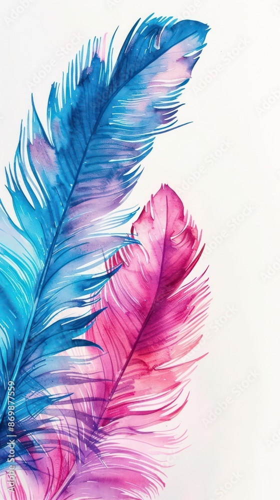 Fototapeta premium Vibrant watercolor feathers in blue and pink hues on white background.
