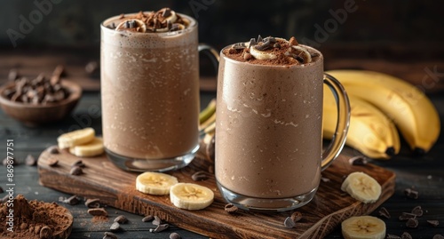 Two Chocolate Banana Smoothies With Whipped Cream and Chocolate Shavings on W...