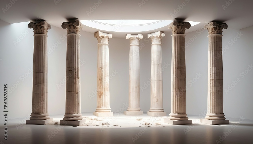 remains of columns from the Roman Empire, isolated white background. 
